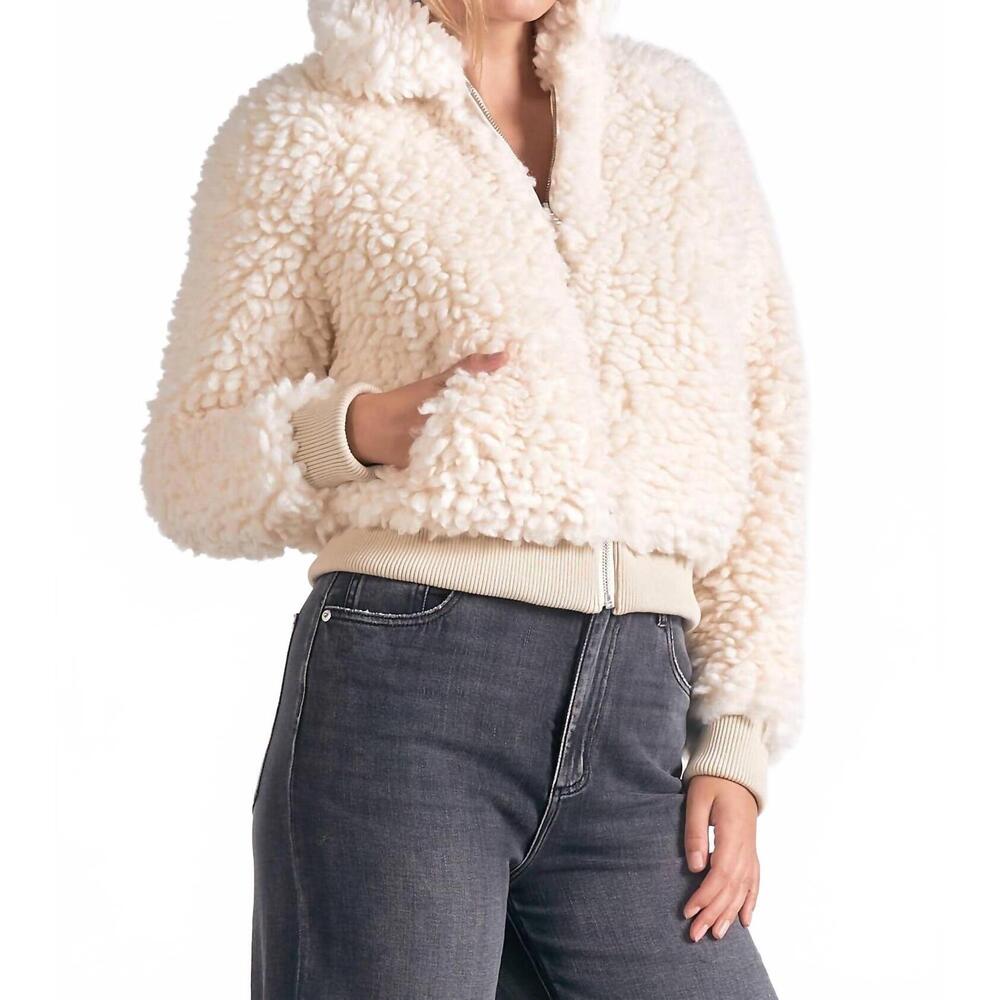 NEW ELAN teddie sherpa zip-up bomber jacket in vanilla - Picture 3 of 5